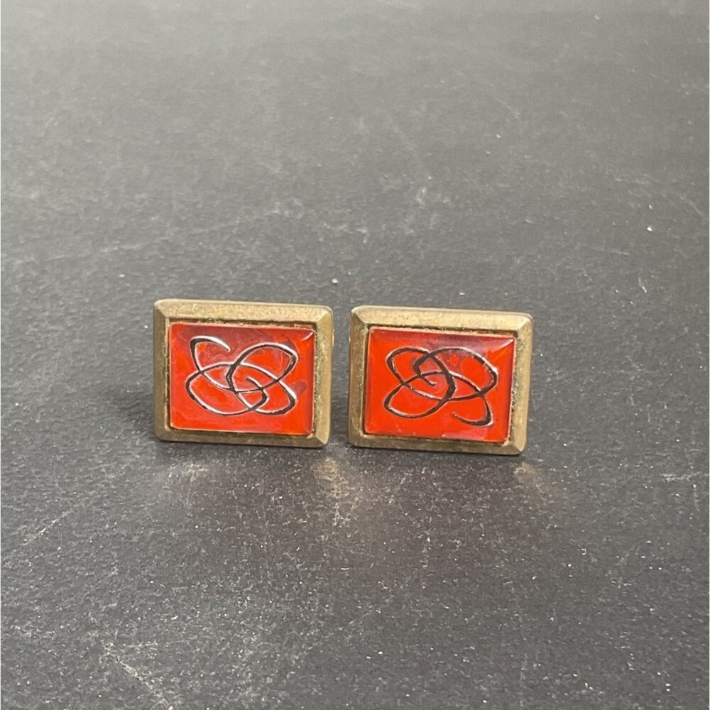 Vintage Gold Tone & Red Enamel Square Cufflinks With Knotted Design